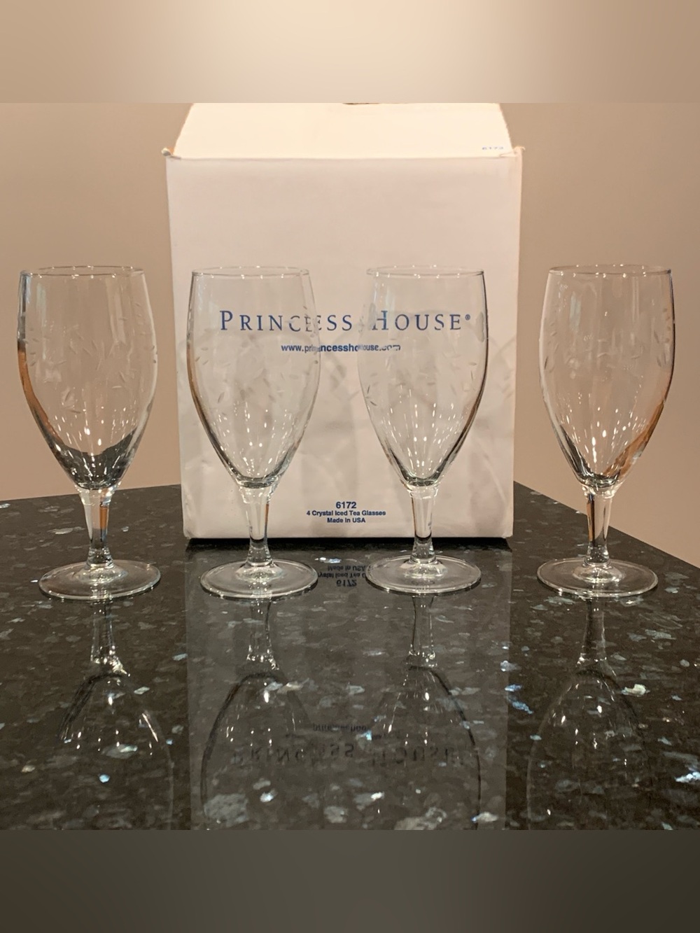 4 Princess House Heritage Etched Crystal Iced Tea Glasses Set #6172 USA w/ Box
